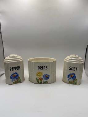 Vintage Art Deco Ceramic Salt Pepper Shakers Drips Grease Jar Floral Set of 3 *